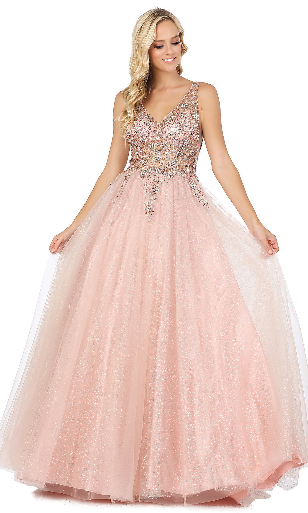 Rose Gold Ball-Gown-Style Beaded-Bodice Formal Prom Dress