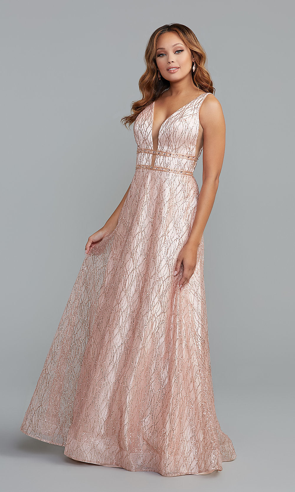 Rose Gold Glitter-Mesh Long Backless A-Line Prom Dress