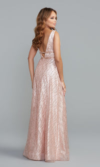  Glitter-Mesh Long Backless A-Line Prom Dress