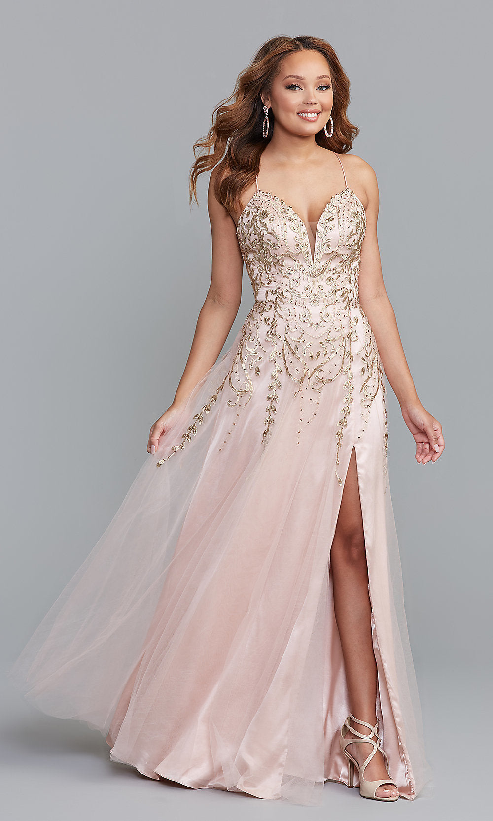 Rose Gold Metallic-Embroidered Long Corset-Back Prom Dress