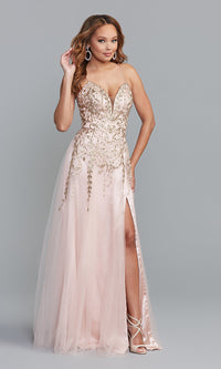  Metallic-Embroidered Long Corset-Back Prom Dress