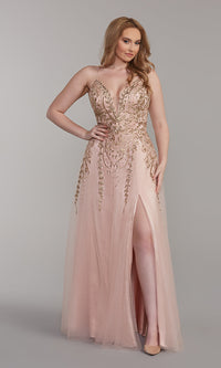  Metallic-Embroidered Long Corset-Back Prom Dress