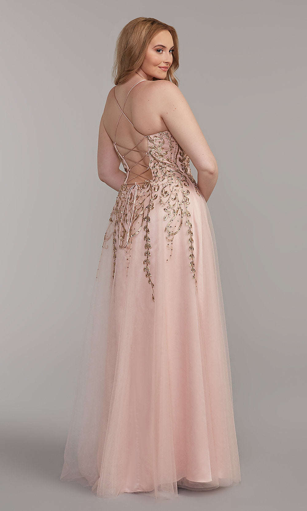  Metallic-Embroidered Long Corset-Back Prom Dress