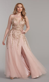  Metallic-Embroidered Long Corset-Back Prom Dress