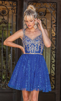 Royal Blue Corset-Bodice Glitter Embellished Short Hoco Dress