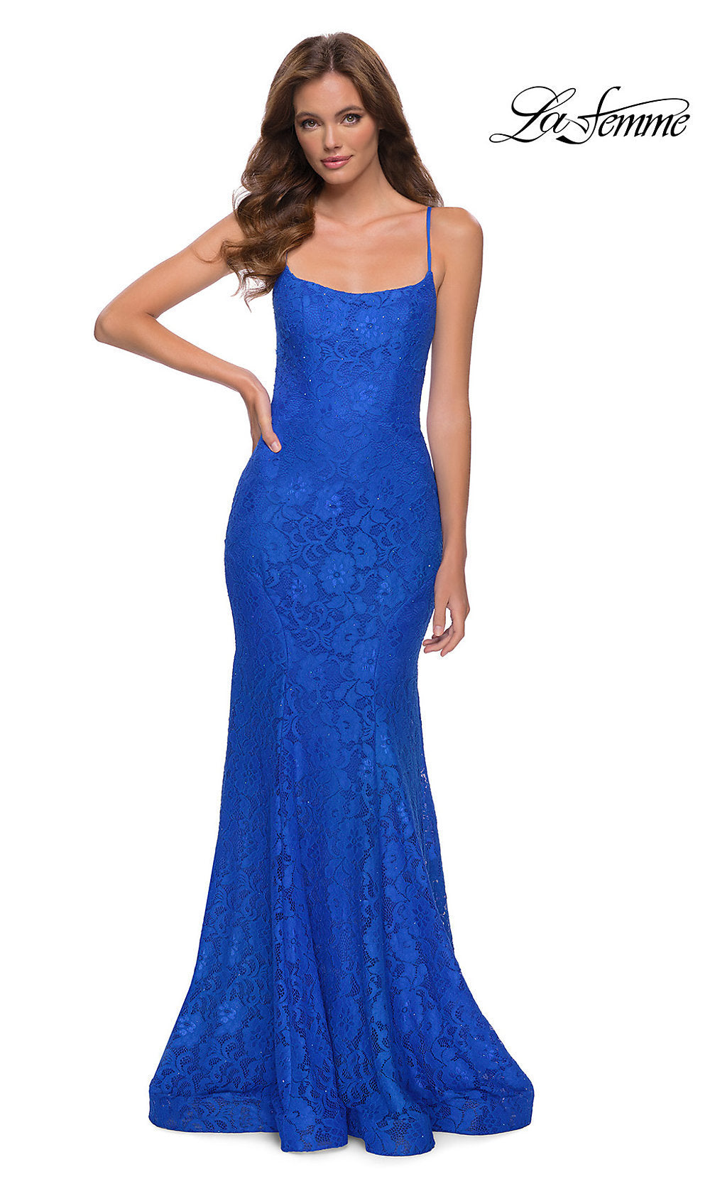 Royal Blue Floral-Lace Long La Femme Mermaid Prom Dress