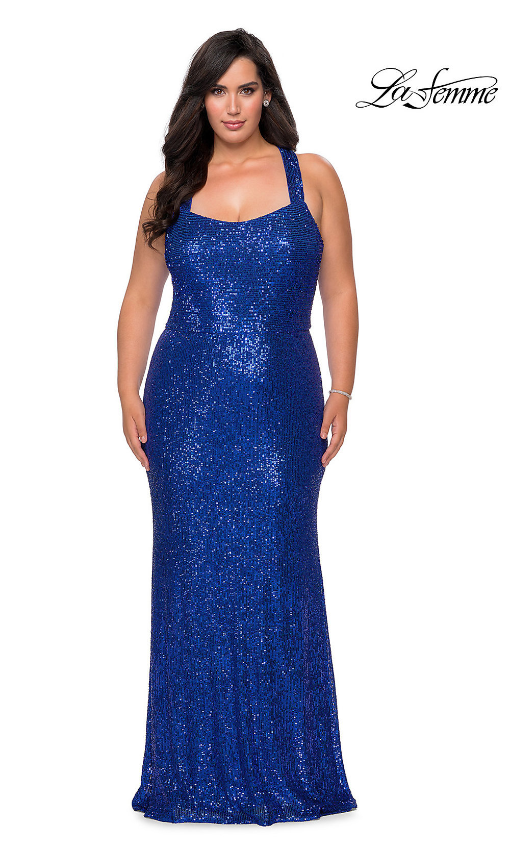 La Femme Long Sequin Plus-Size Prom Dress with X-Back La Femme Long Sequin Plus-Size Prom Dress with X-Back