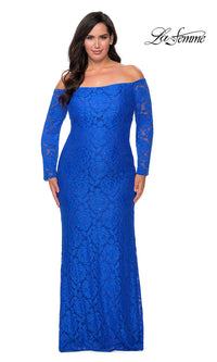 Royal Blue La Femme Long Lace Plus-Size Formal Prom Dress
