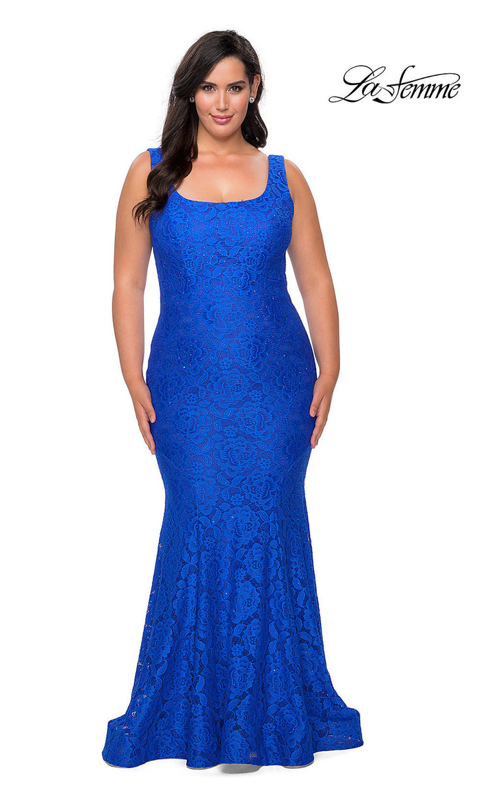 Royal Blue Plus-Size Long Lace La Femme Formal Mermaid Dress