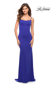 Royal Blue La Femme Long Simple Prom Dress with Scoop Back