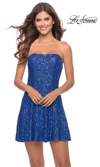 Royal Blue La Femme Strapless Short Sequin A-Line Party Dress