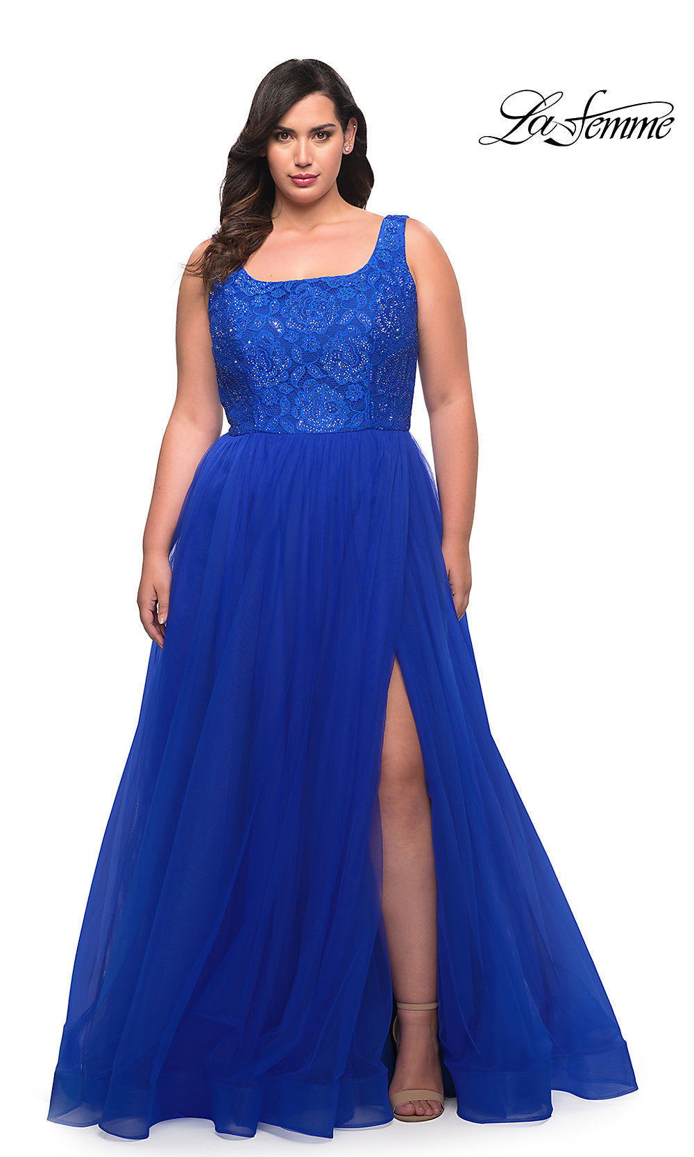 Royal Blue La Femme Long Lace-Bodice Plus-Size Prom Dress