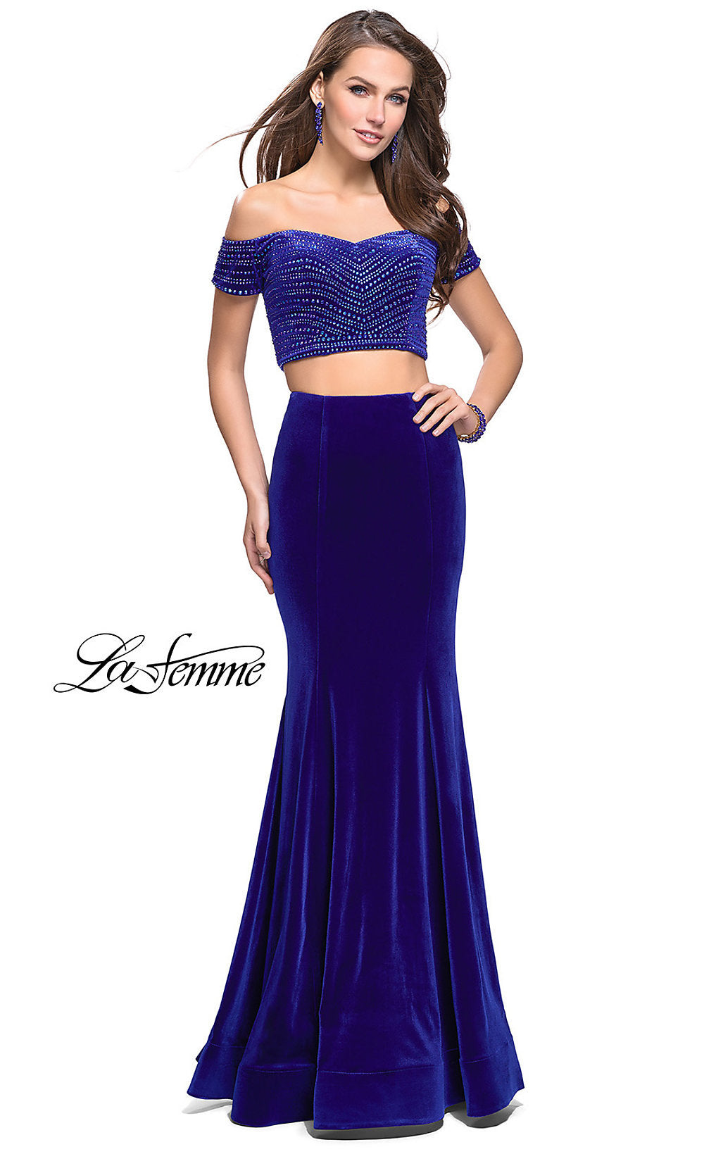 Royal Blue Long Two-Piece Off-the-Shoulder Velvet La Femme Prom Dress
