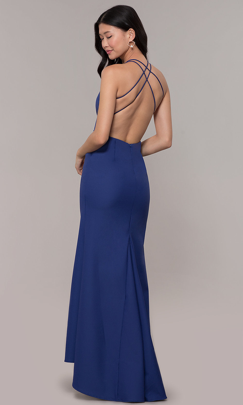  Deep-V-Neck Long High-Low Formal Dress with Open Back
