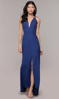  Deep-V-Neck Long High-Low Formal Dress with Open Back