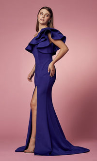 Royal Blue Ruffle One-Shoulder Formal Long Evening Gown