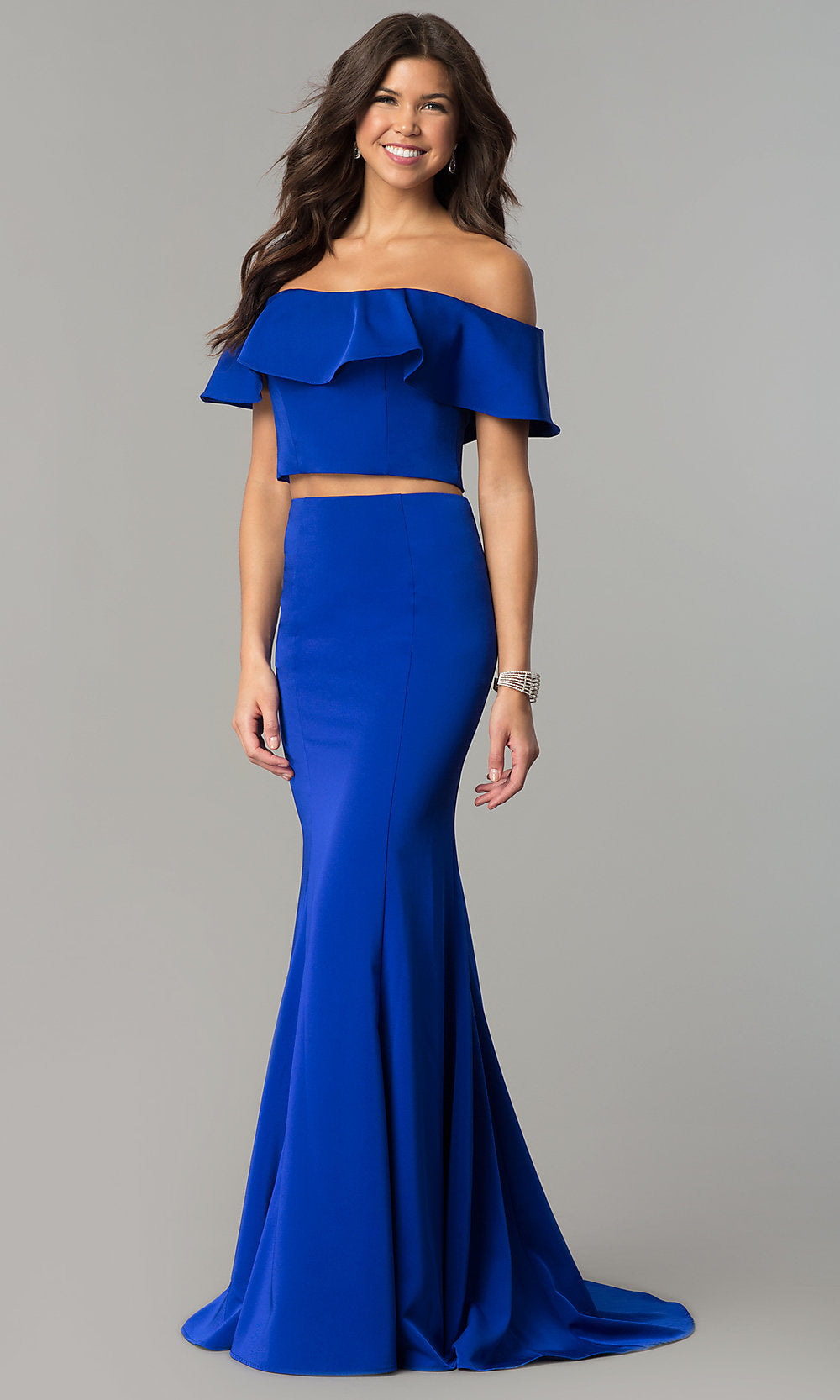 Royal Long Two-Piece Ruffled Off-the-Shoulder Prom Dress