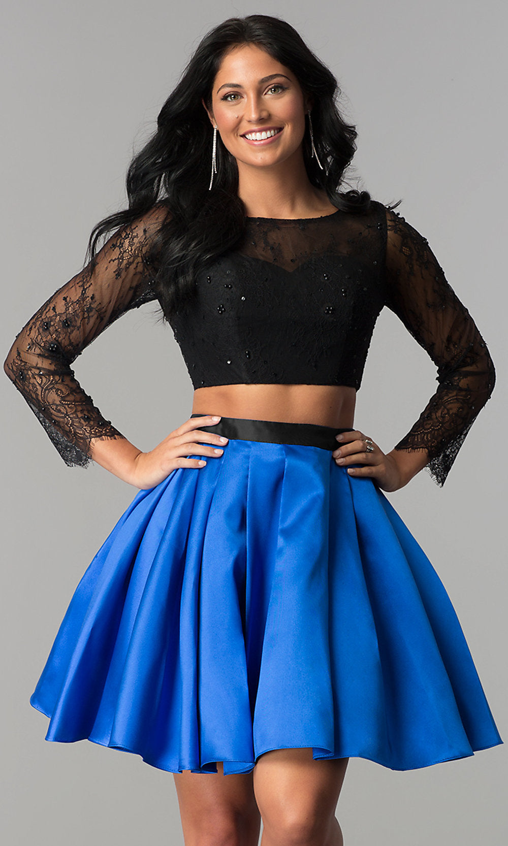 Royal/Black Lace and Satin Two-Piece Short Homecoming Dress