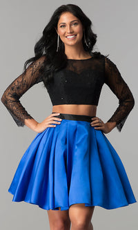Royal/Black Lace and Satin Two-Piece Short Homecoming Dress