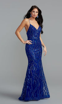 Royal Corset-Back Long Formal Dress with Sparkly Overlay
