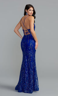  Corset-Back Long Formal Dress with Sparkly Overlay