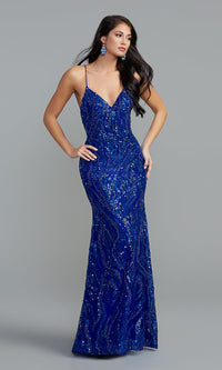  Corset-Back Long Formal Dress with Sparkly Overlay