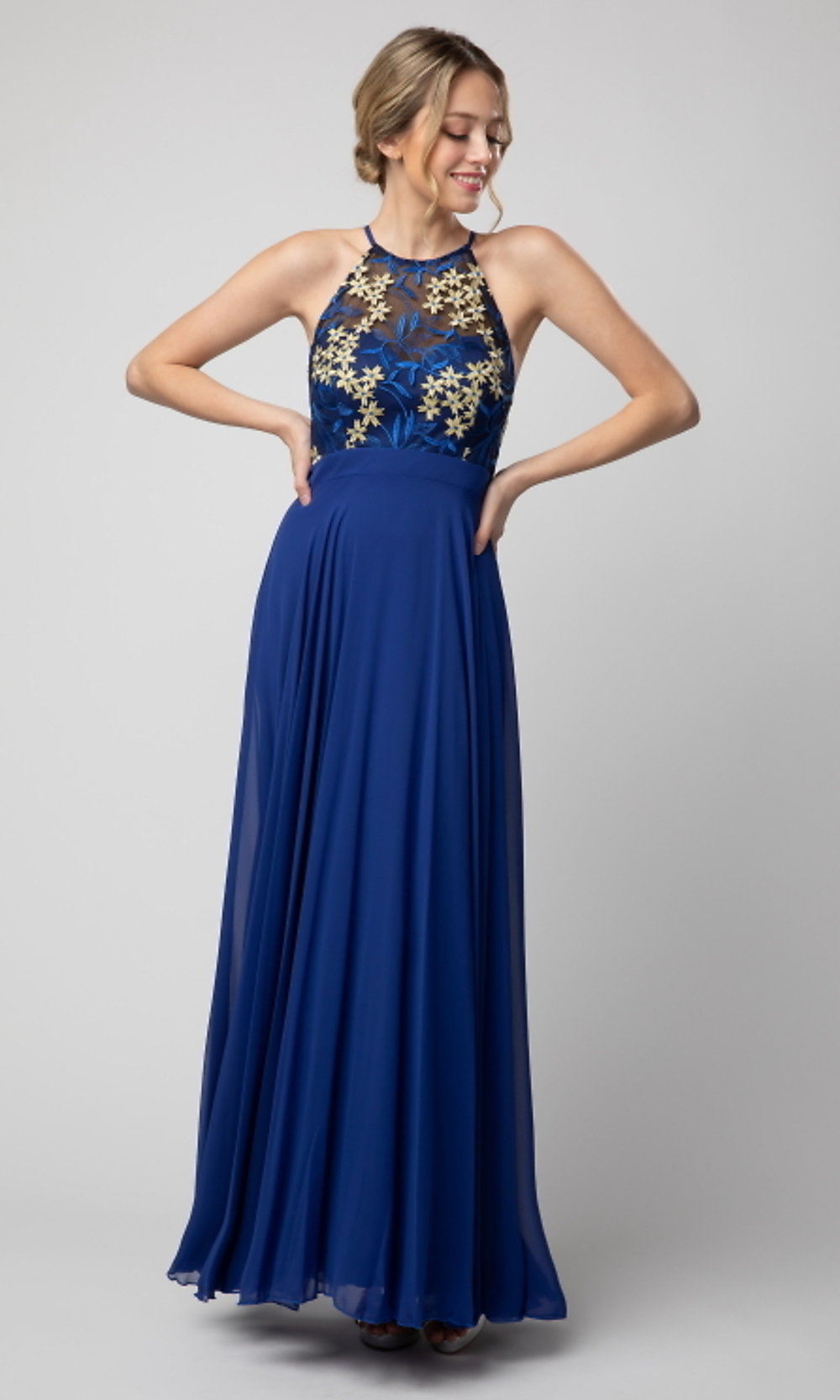 Royal High-Neck Long Prom Dress with Embroidered Bodice