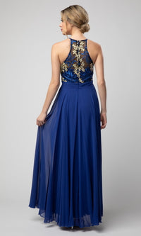  High-Neck Long Prom Dress with Embroidered Bodice