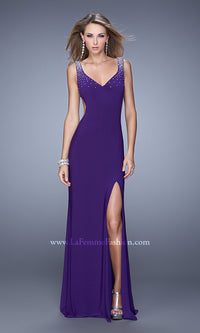 Royal Purple V-Neck Open-Back Jersey Prom Dress by La Femme