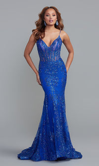 Royal Shimmer Sheer-Corset Long Prom Dress with Sequin Pattern