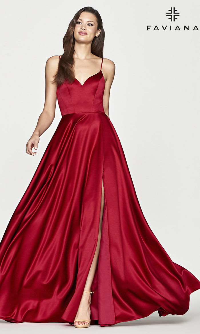 Ruby Faviana Open-Back Ruby Red A-Line Long Prom Dress