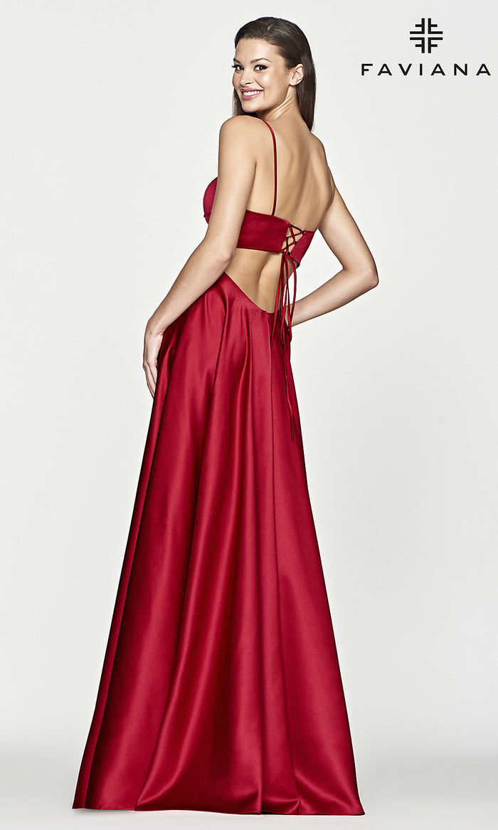  Faviana Open-Back Ruby Red A-Line Long Prom Dress