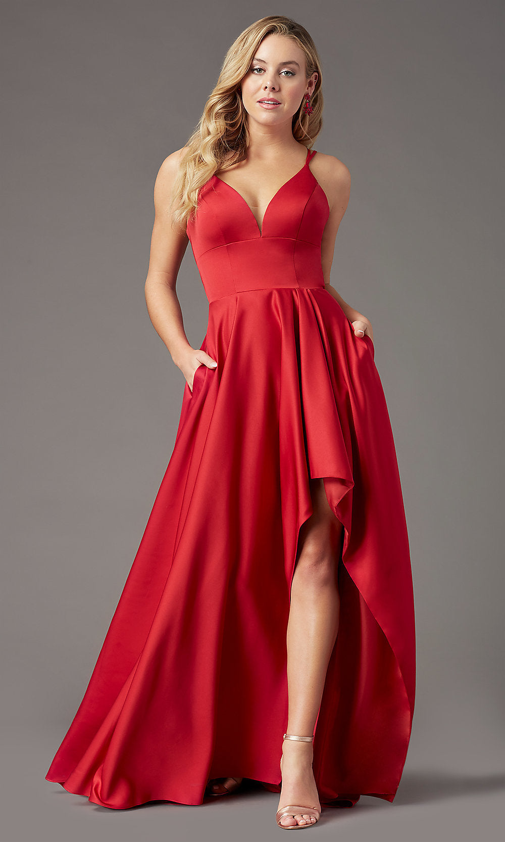 Ruby Corset-Back Satin High-Low Prom Dress by PromGirl