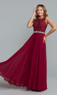 Ruby Red Beaded-Bodice Long Formal Dress with Cut-Out Back