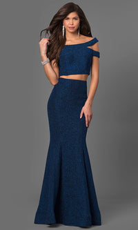 Sapphire Blue Glitter Jersey Two-Piece Off-the-Shoulder Gown