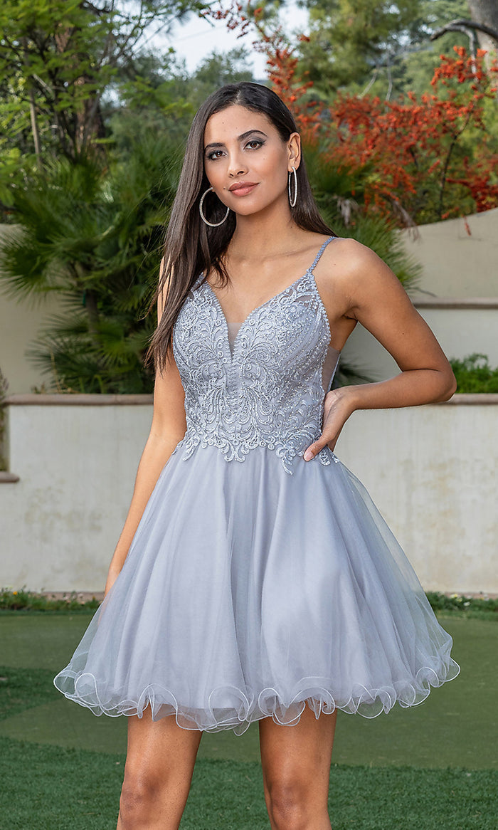 Silver Babydoll Short Prom Dress with Rolled Hemline
