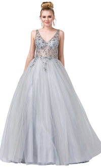 Silver Ball-Gown-Style Beaded-Bodice Formal Prom Dress