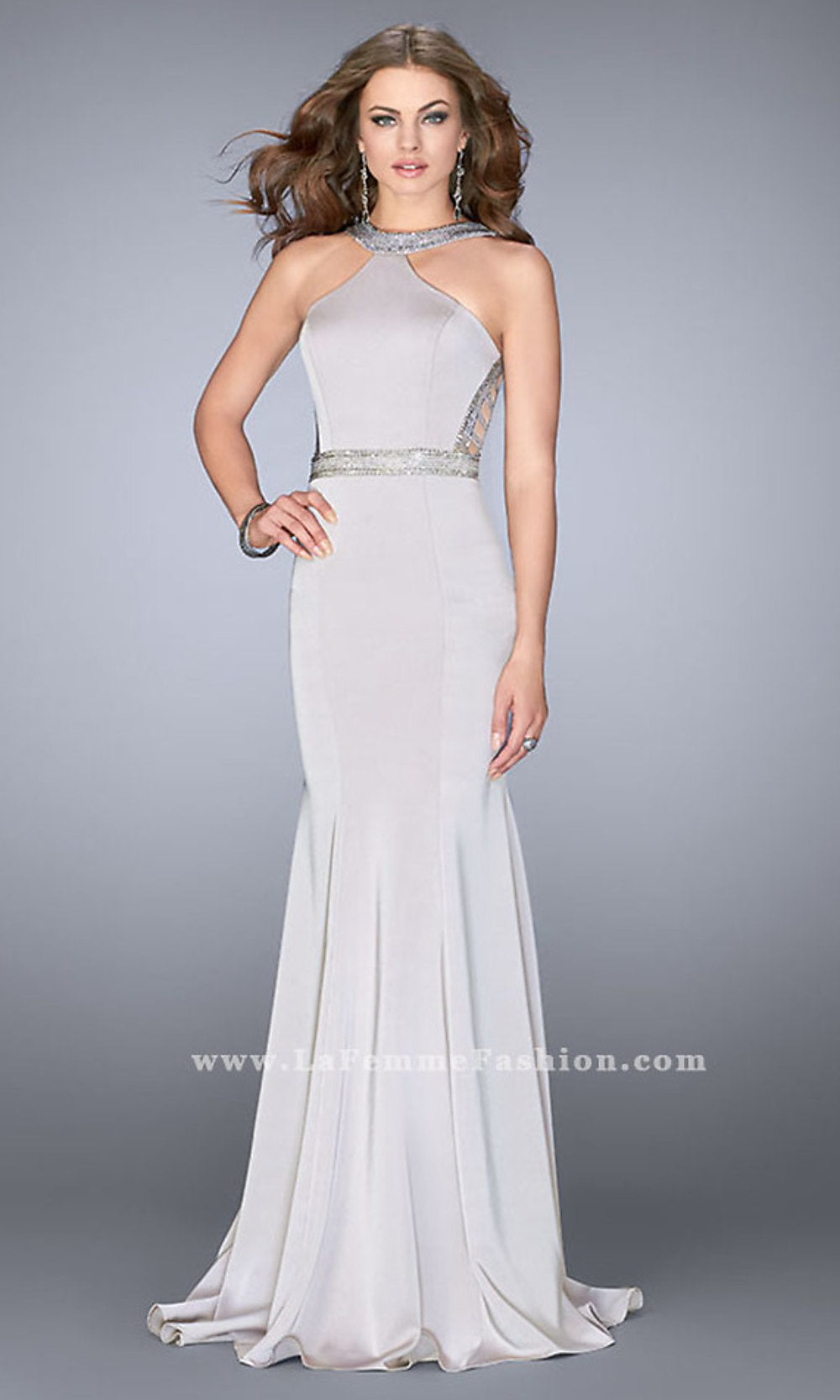 Silver Long Jersey Sheer Open Back High Neck Prom Dress