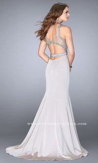  Long Jersey Sheer Open Back High Neck Prom Dress