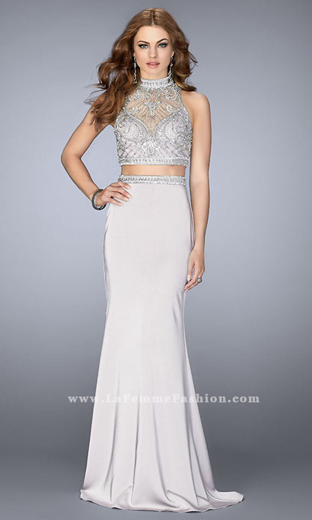 Silver Sleeveless Sheer Back Two Piece Prom Dress