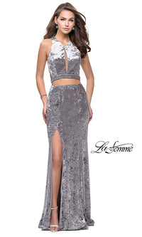Silver Open-Back Long Mock Two-Piece Velvet La Femme Prom Dress