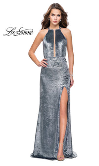 Silver Long La Femme Prom Dress with Plunging Neckline