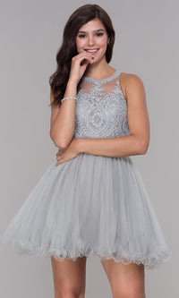 Silver Embroidered-Applique-Bodice Homecoming Short Dress