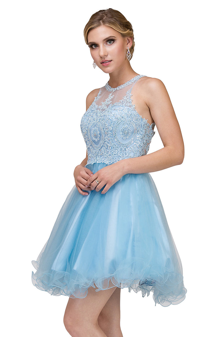 Sky Blue High-Neck Babydoll Fancy Short Homecoming Dress