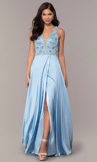 Sky Blue Long Faux-Wrap Formal Prom Dress with Beading