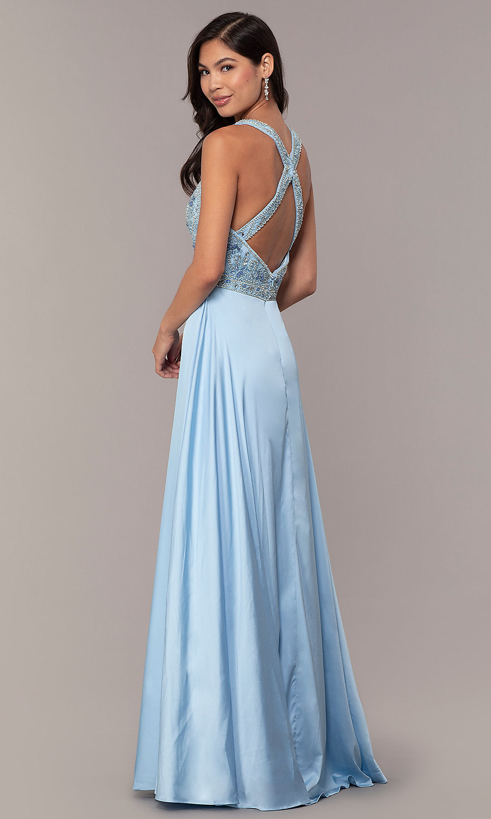 Faux-Wrap Embellished-Bodice Long Formal Prom Dress Champagne / XSmall Faux-Wrap Embellished-Bodice Long Formal Prom Dress Champagne / XSmall