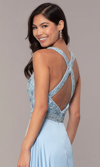  Long Faux-Wrap Formal Prom Dress with Beading