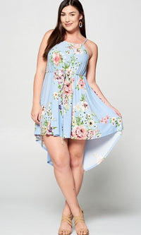 Sky Blue Floral-Print Plus-Size Wedding-Guest Party Dress