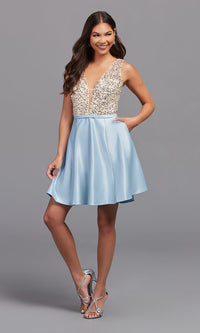  Short Sequin-Bodice Satin Homecoming Party Dress