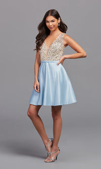 Short Sequin-Bodice Satin Homecoming Party Dress